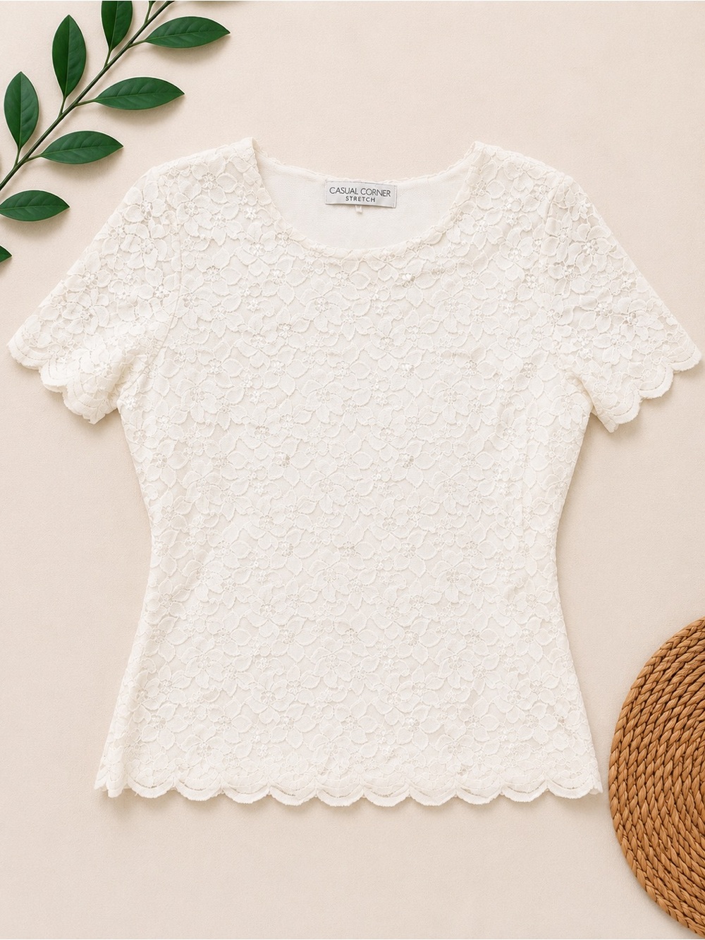 Casual Corner Cream Floral Lace Short Sleeve Top
